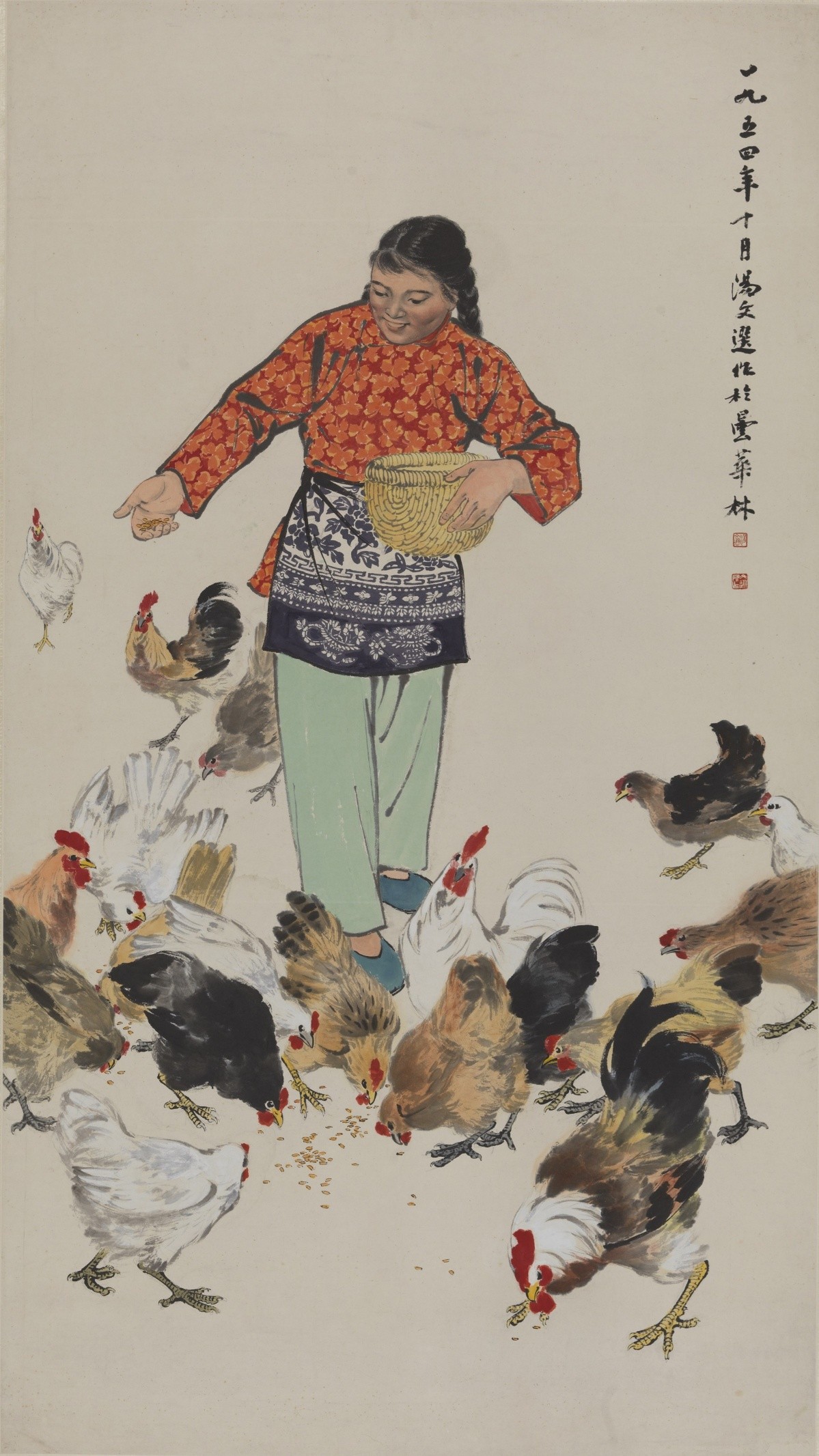 <h2>喂鸡</h2><p>作者：汤文选</p><p>创作年代：1954年</p><p>规格：146.2cm×82.2cm</p><p>品类：中国画</p>